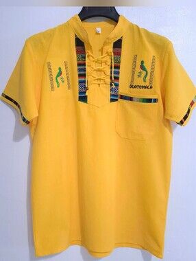 Guatemala Men's Yellow Embroidered Quetzal Shirt Boho Hippie Lace Up Top Size S